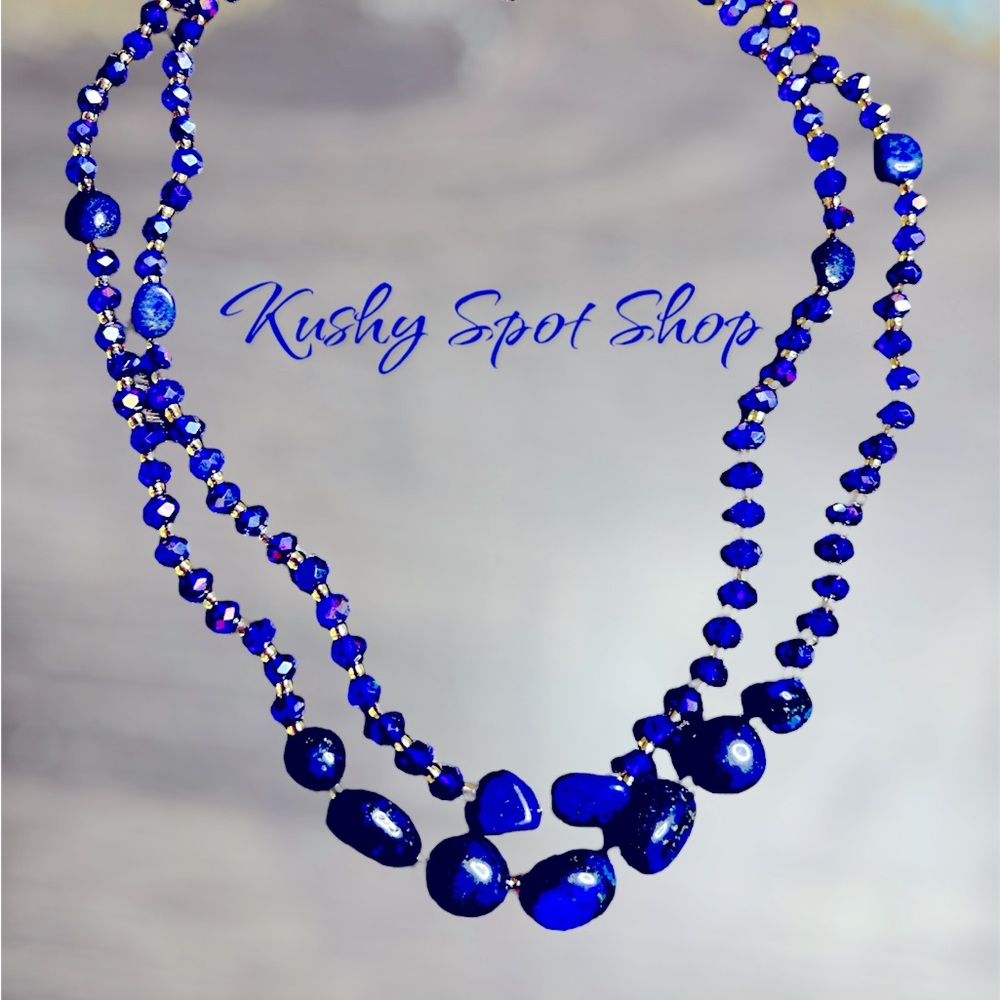 Lapis Lazuli Blue 💙 💎& Champagne 🍑💎 Glass Bead 2-Row Necklace ✨💎💙 50 ctw